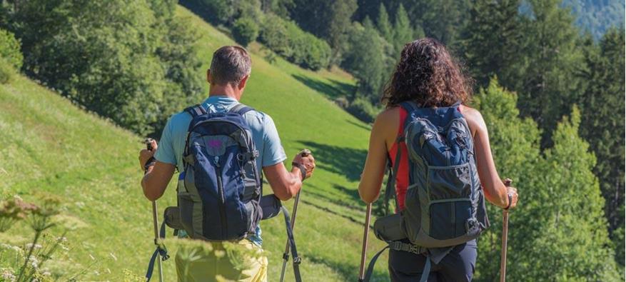 Two hikers with backpacks and hiking poles